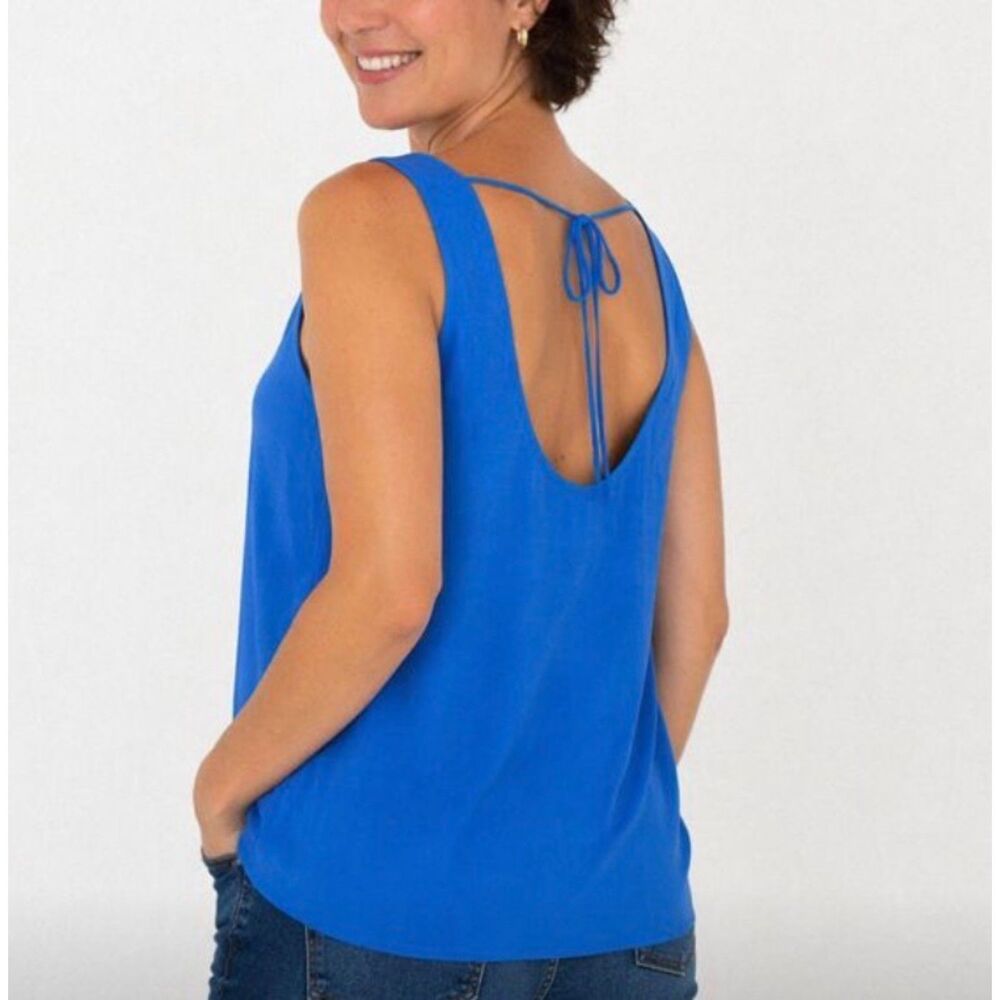 Jack Women's Size Medium Boho Blue Blouse  Tie Neck Plunging Back Shirt NWT